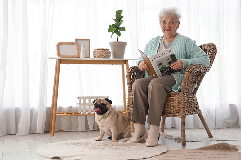 senior-woman-pug-dog-reading-magazine